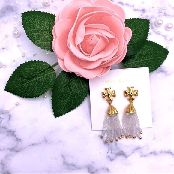 NWOT Tory Burch Gold Roxanne, White Beaded Dangle Stud Earings - Picture 3 of 9
